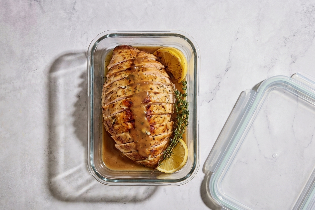 Sliced roasted turkey stacked in a glass storage container with a little gravy, set on a kitchen counter next to a lid
