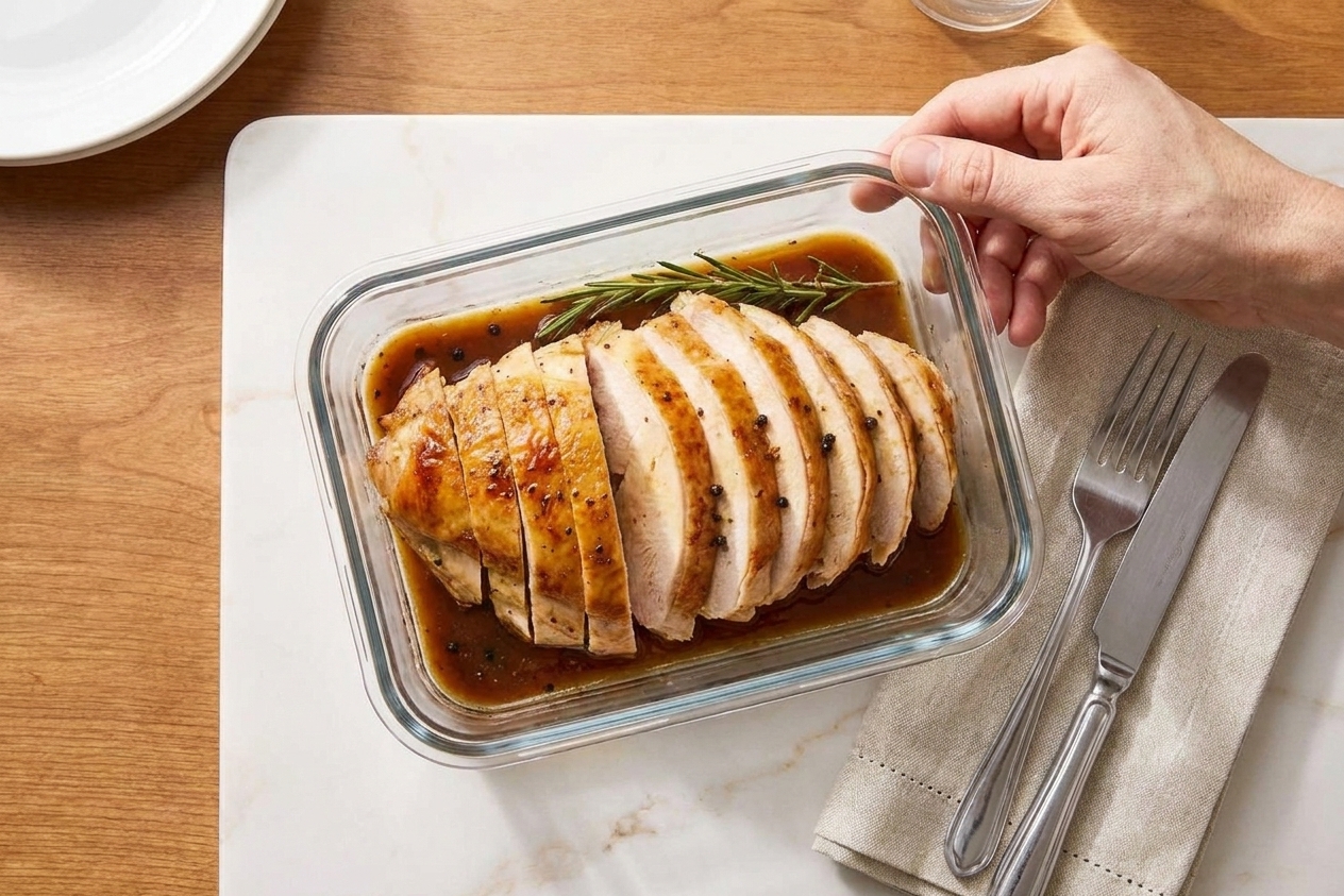 Sliced roasted turkey stored in a glass meal prep container with a little pan juice, set on a kitchen counter
