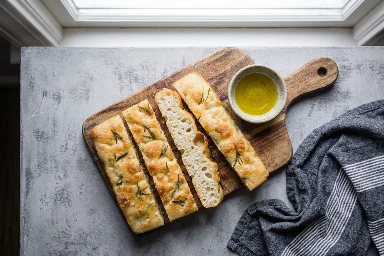 Sliced rosemary focaccia on a wooden cutting board with a small bowl of olive oil