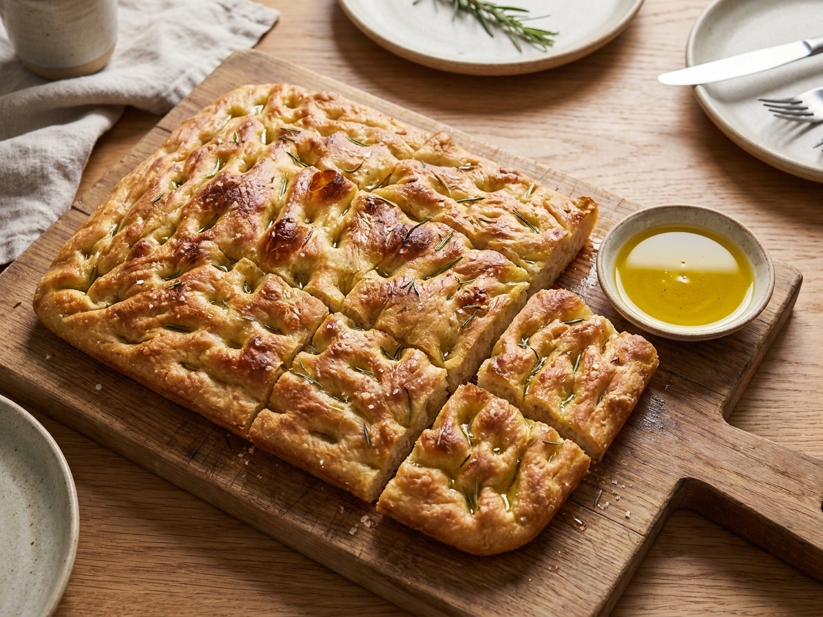 Sliced rosemary focaccia squares on a wooden cutting board with a small dish of olive oil nearby on a dining table