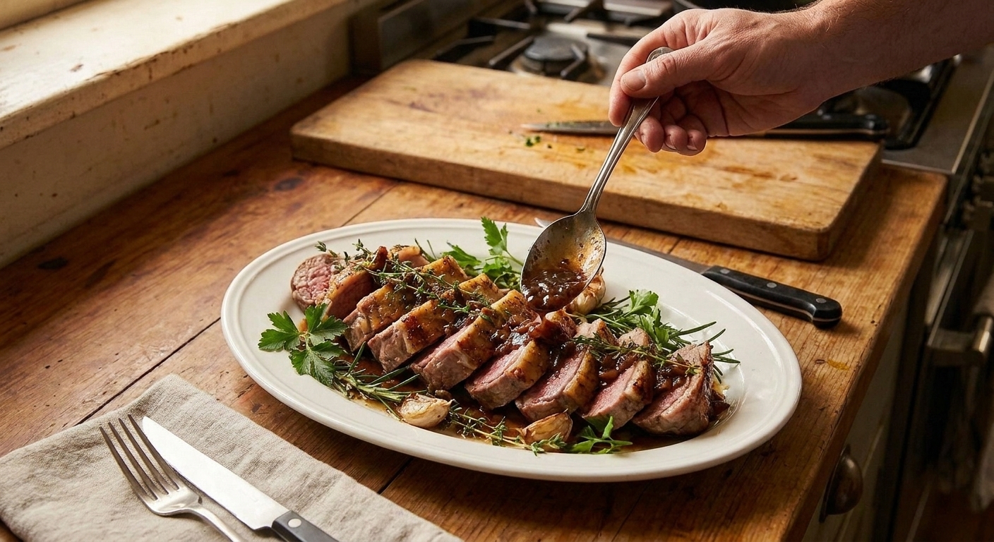 Sliced saddle of lamb arranged on a white platter with pan sauce spooned over, fresh herbs scattered, and a simple table setting in warm light