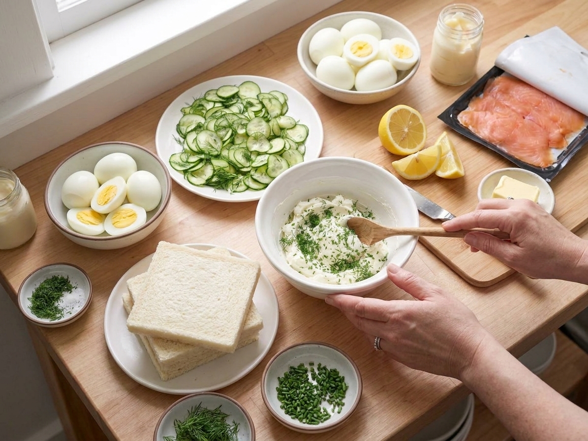 Sliced sandwich bread, cucumbers, dill, chives, cream cheese, eggs, mayonnaise, smoked salmon, lemon, and butter laid out on a light kitchen counter in bright window light