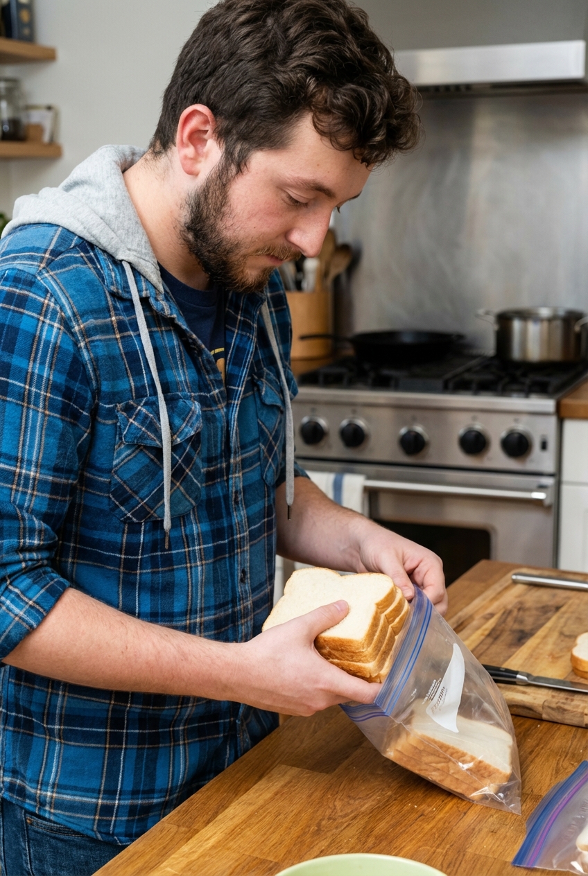 Sliced sandwich bread stacked and being placed into a freezer bag on a kitchen counter