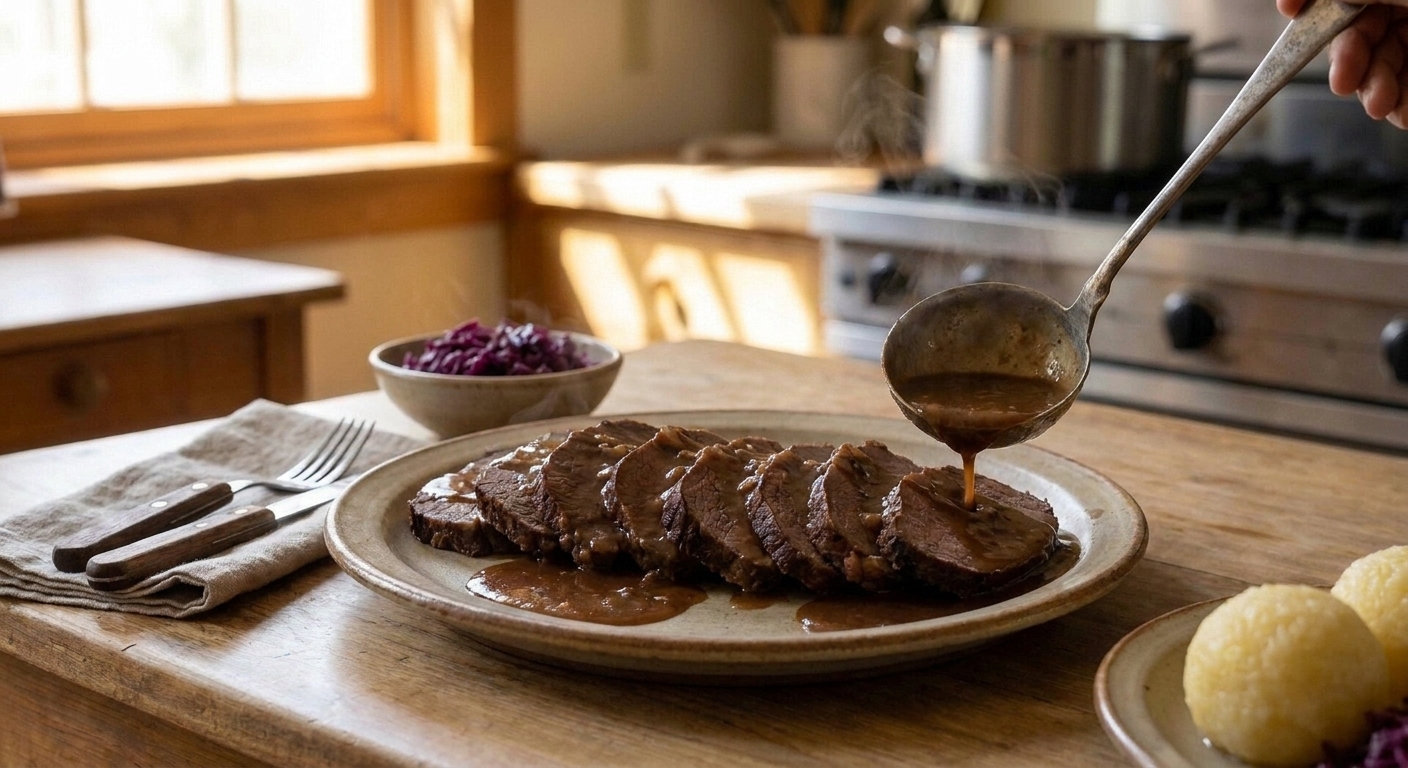 Sliced sauerbraten arranged on a platter with ladled gravy on top on a wooden kitchen table with a simple table setting
