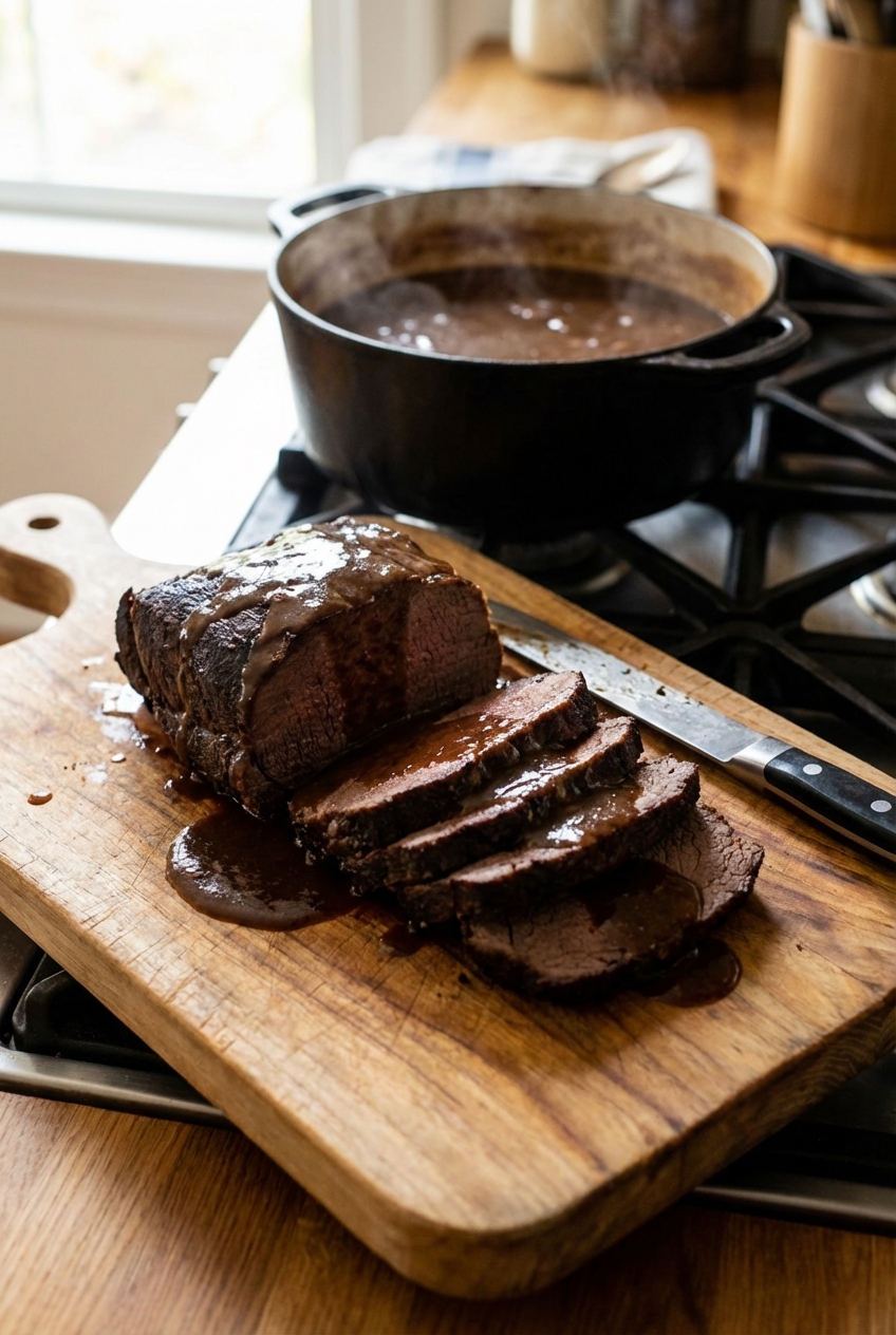 Sliced sauerbraten on a cutting board with a knife and a pot of gravy in the background