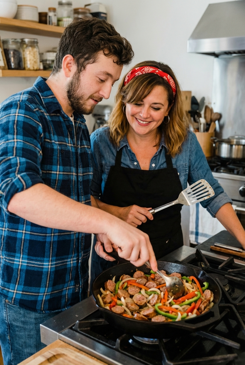 Sliced sausage and peppers cooking in a skillet