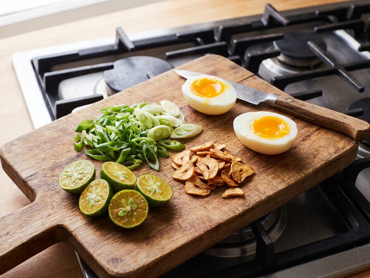 Sliced scallions, halved calamansi, crispy fried garlic, and soft-boiled eggs arranged on a cutting board beside the stove