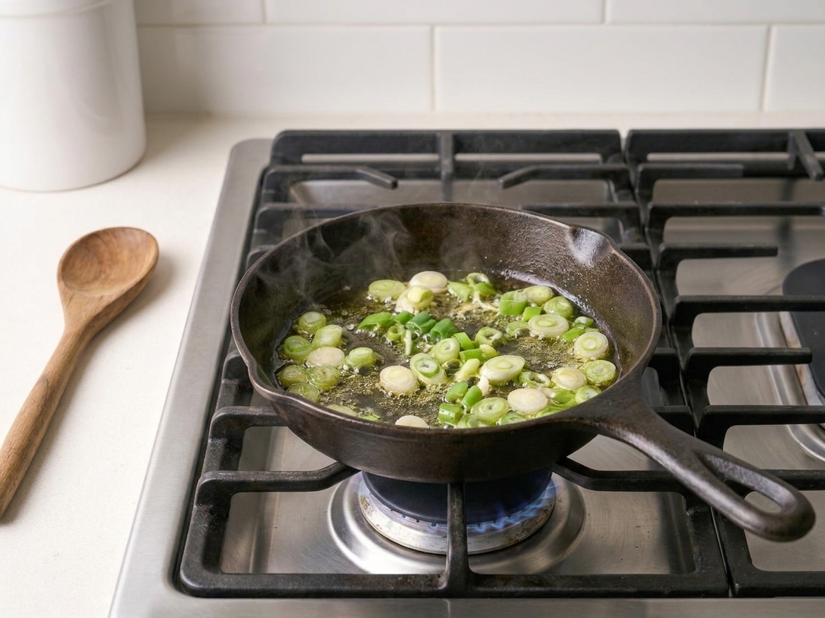Sliced scallions sizzling in olive oil in a small skillet on the stove, with a wooden spoon nearby