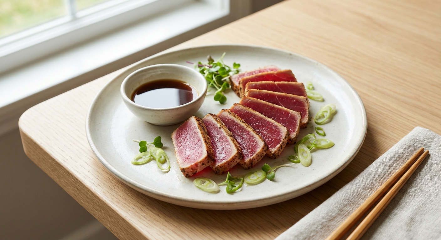 Sliced seared ahi tuna fanned on a plate with a small bowl of ponzu sauce and scattered sliced scallions, clean modern plating, natural light, photorealistic food photography