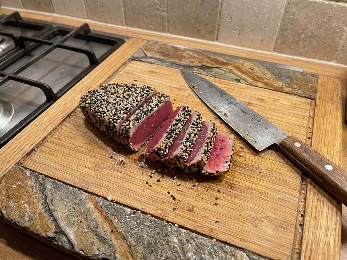 Sliced seared ahi tuna on a cutting board with a chef's knife, showing a rare center and sesame crust