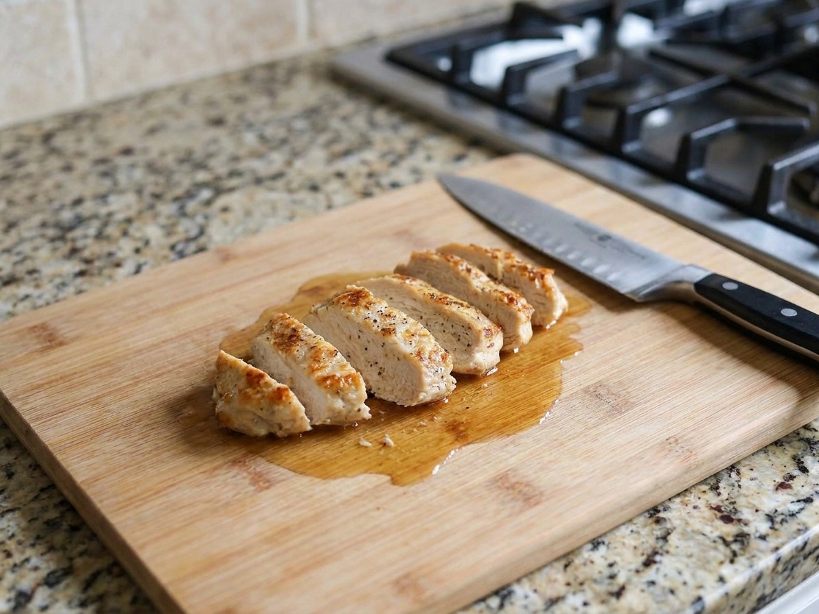 Sliced seared chicken breast resting on a cutting board with juices, with a chef's knife nearby on a kitchen counter