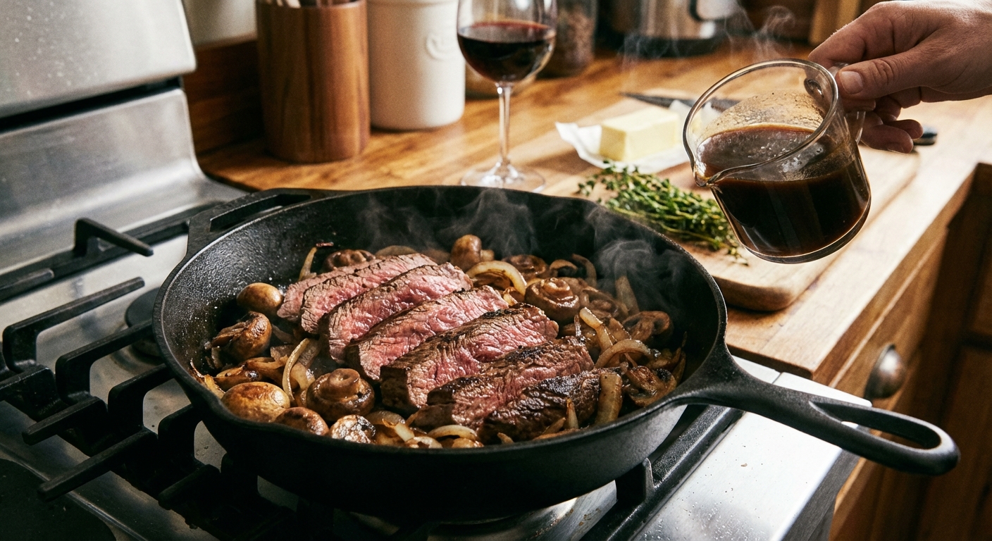 Sliced seared steak and browned mushrooms in a skillet with onions, ready for sauce to be added