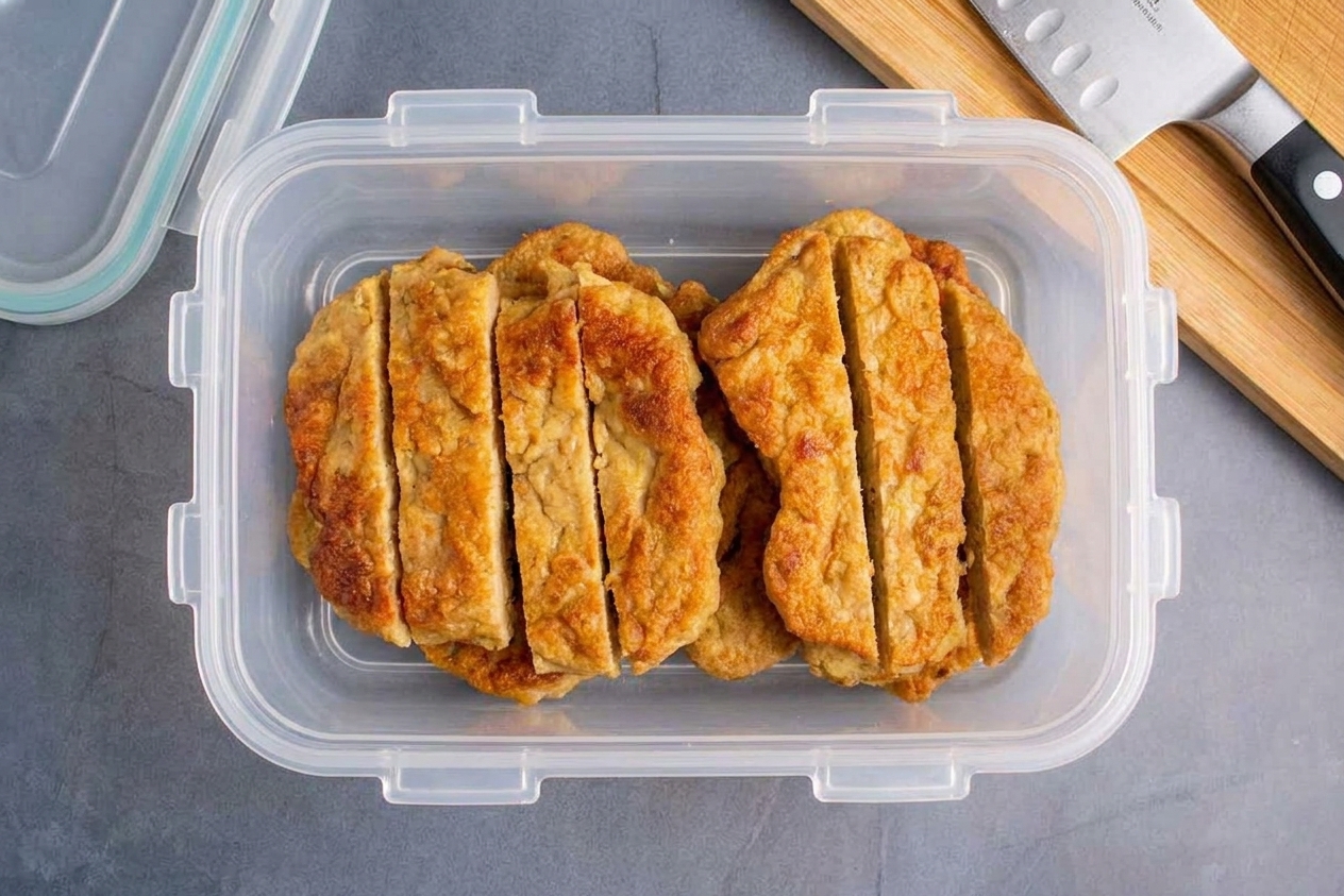 Sliced seitan cutlets stored in a clear airtight container on a kitchen counter, ready for meal prep