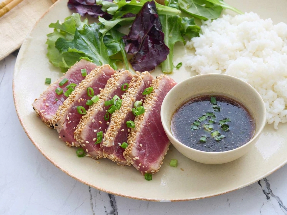 Sliced sesame-crusted seared ahi tuna arranged on a plate with a small bowl of soy-lime dipping sauce and chopped scallions