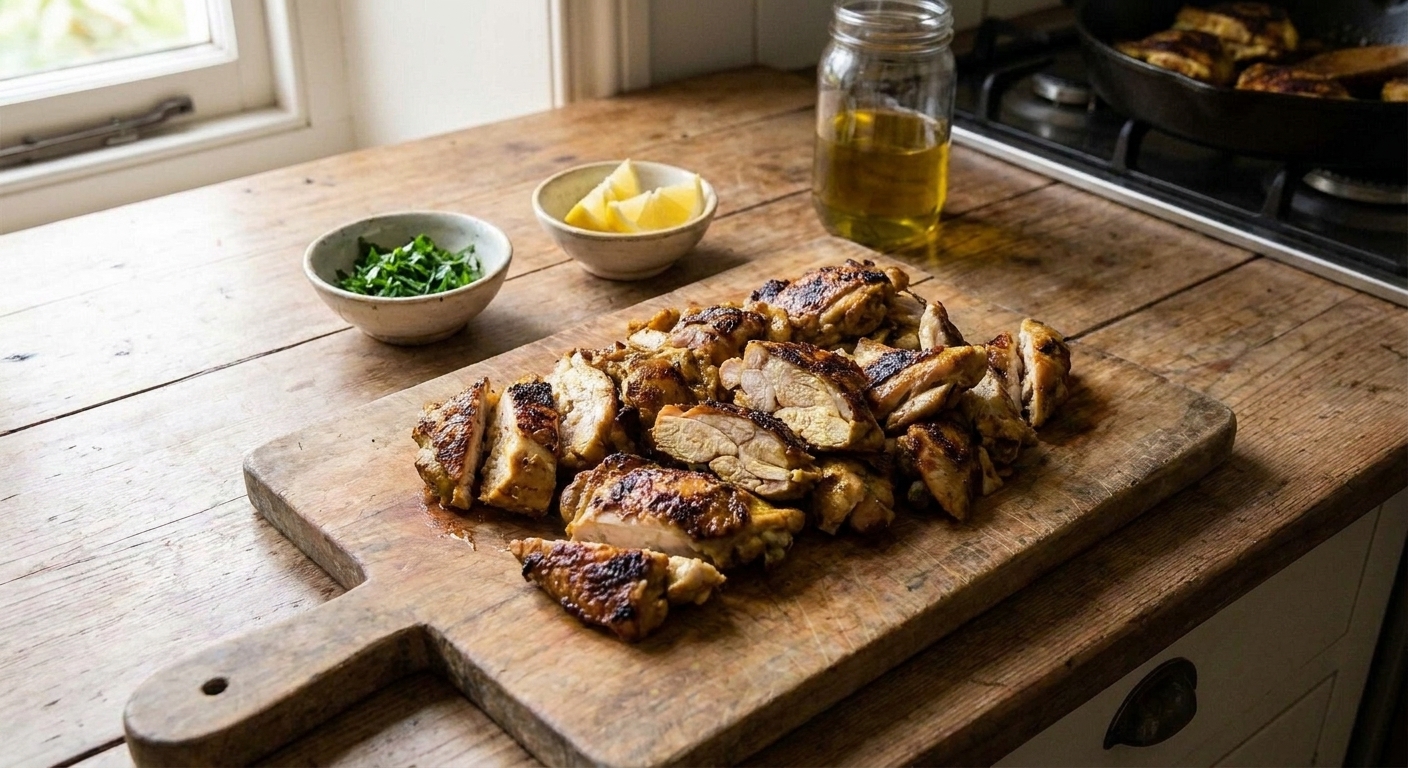 Sliced shawarma-style chicken resting on a wooden cutting board with visible browned edges