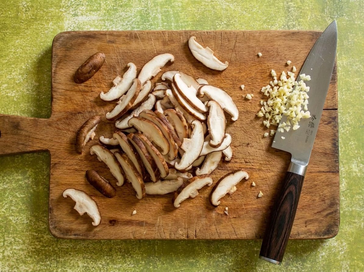Sliced shiitake mushroom caps on a wooden cutting board with a chef's knife and small pile of minced garlic nearby