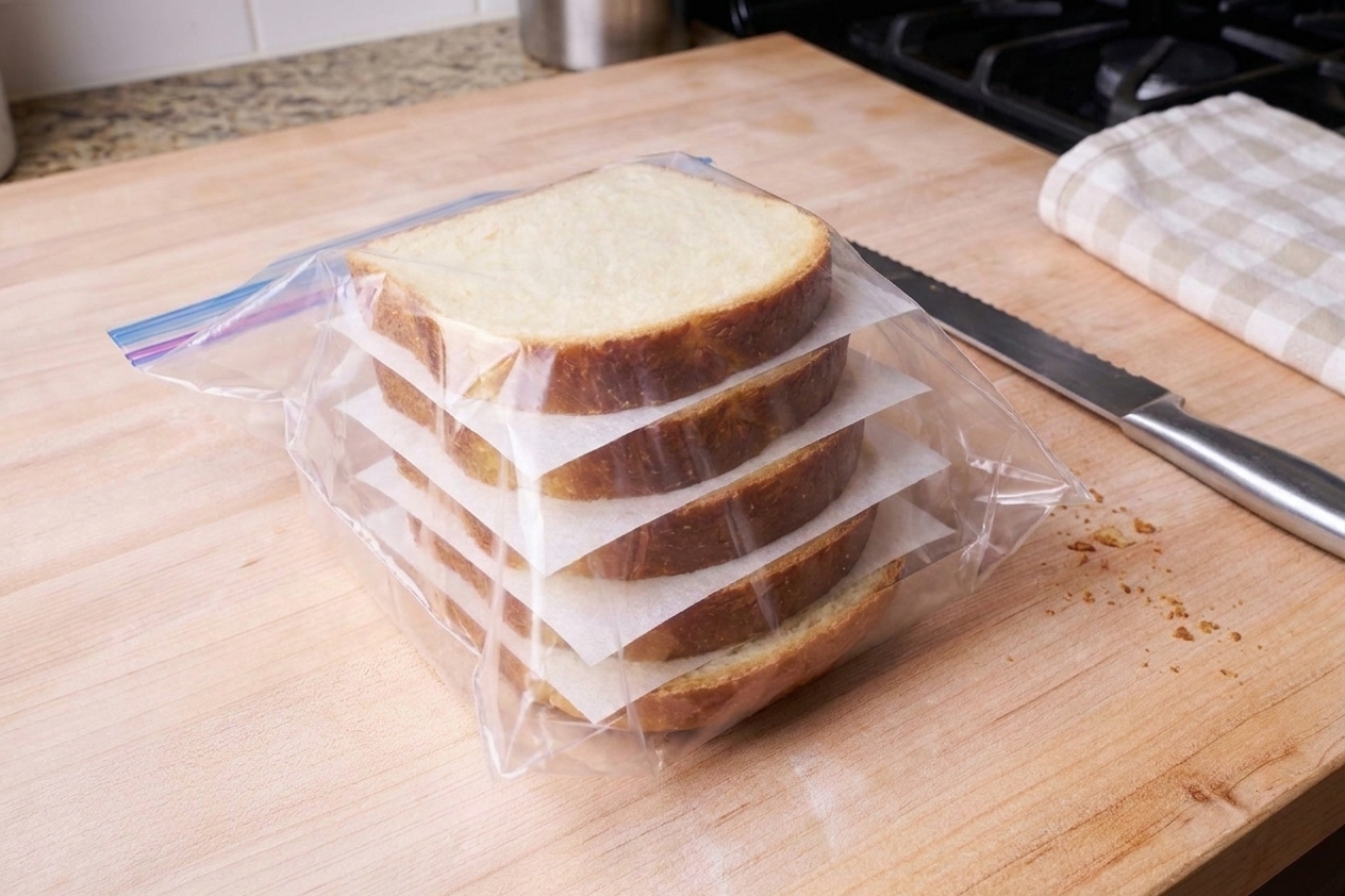 Sliced shokupan stacked with parchment between slices and stored in a zip-top bag for freezing