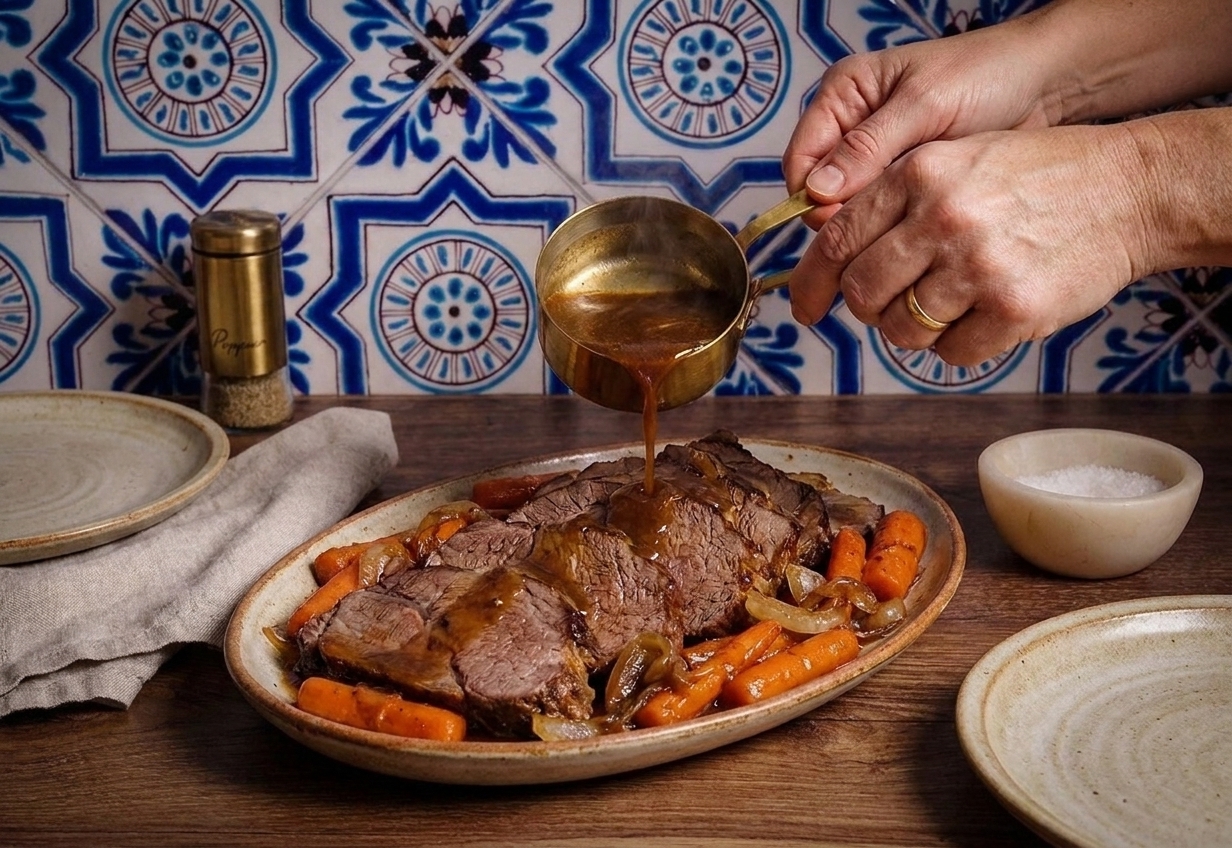 Sliced shoulder roast on a platter with carrots and onions while pan gravy is poured over the meat at the dinner table