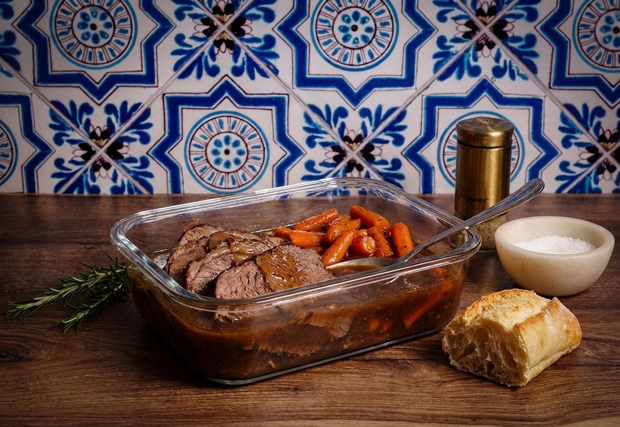 Sliced shoulder roast stored in a glass meal prep container with carrots and pan gravy, sitting on a warm-toned kitchen counter