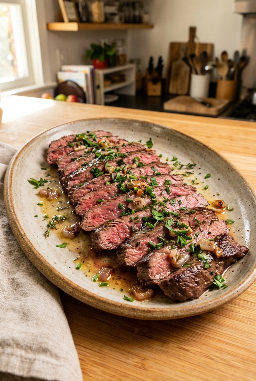 Sliced skirt steak arranged on a platter with melted shallot butter and fresh herbs