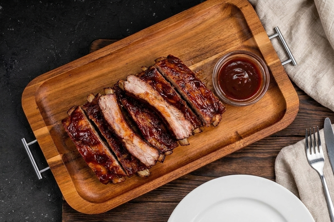 Sliced slow cooker ribs arranged on a serving platter with a small bowl of barbecue sauce on a simple dinner table