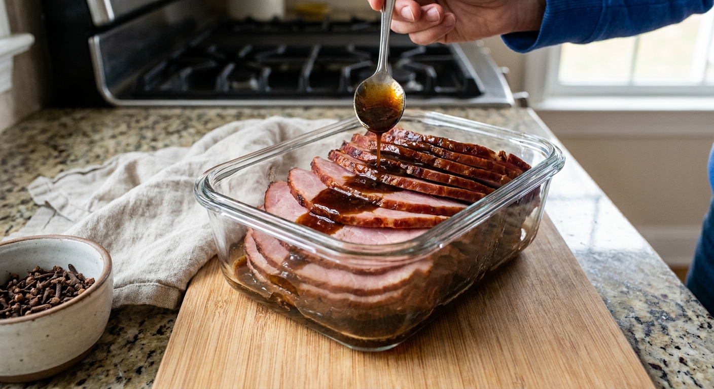 Sliced smoked ham packed into a glass storage container with a little glaze spooned over the top on a kitchen counter