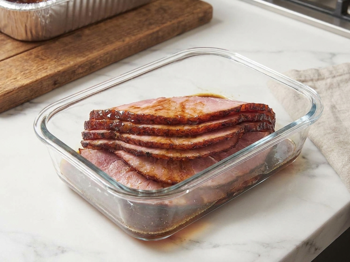 Sliced smoked ham stacked in a glass meal prep container with a little glaze pooled at the bottom, sitting on a kitchen counter