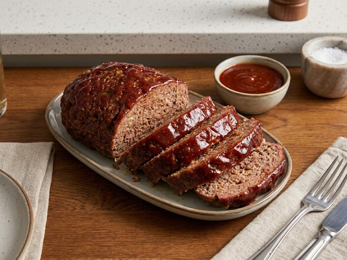 Sliced smoked meatloaf arranged on a platter with a shiny BBQ glaze and a small bowl of extra sauce on a dinner table