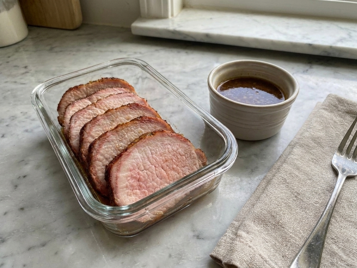 Sliced smoked pork loin stored in a glass meal prep container with a small cup of pan juices on a kitchen counter