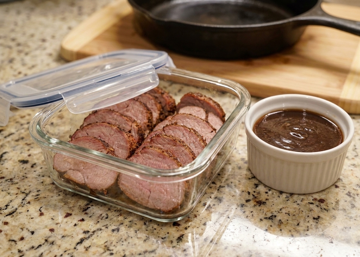 Sliced smoked pork tenderloin arranged in a glass airtight container with a small separate container of sauce on the side, set on a kitchen counter