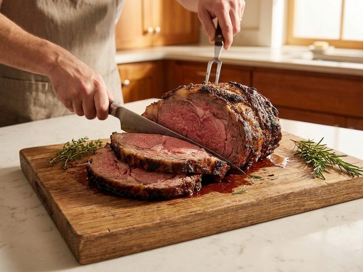 Sliced smoked prime rib being cut into thick slices on a wooden cutting board, showing a rosy center and browned crust