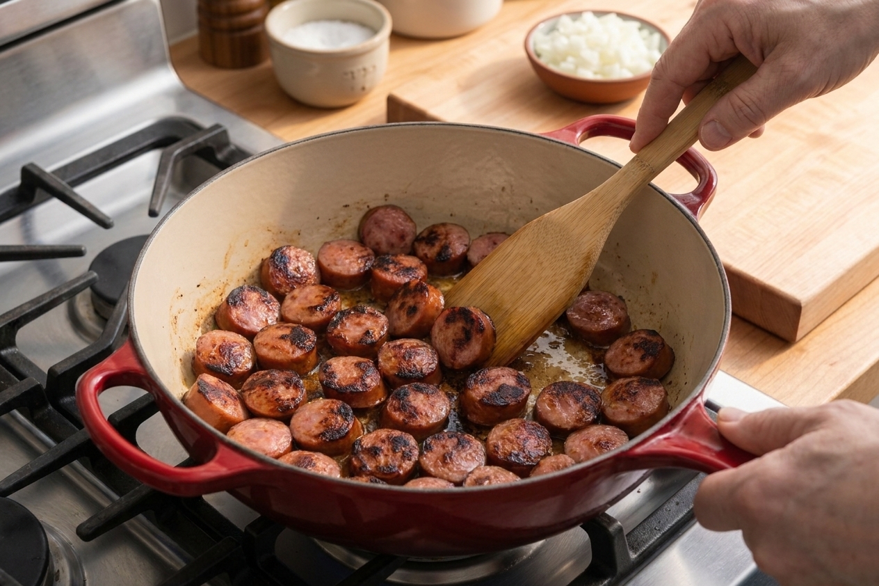 Sliced smoked sausage browning in a Dutch oven on the stove with visible caramelized edges