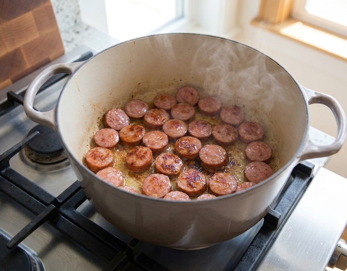 Sliced smoked sausage browning in a Dutch oven on a stovetop with light steam rising