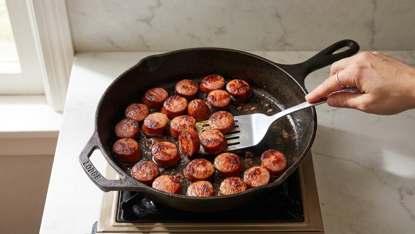 Sliced smoked sausage browning in a cast iron skillet on a stovetop