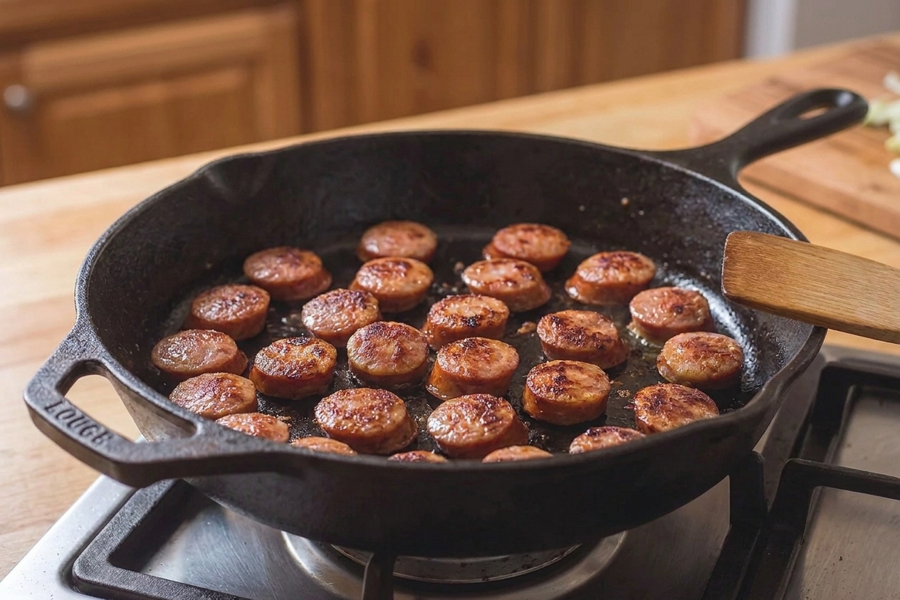 Sliced smoked sausage browning in a cast iron skillet with crisp edges forming