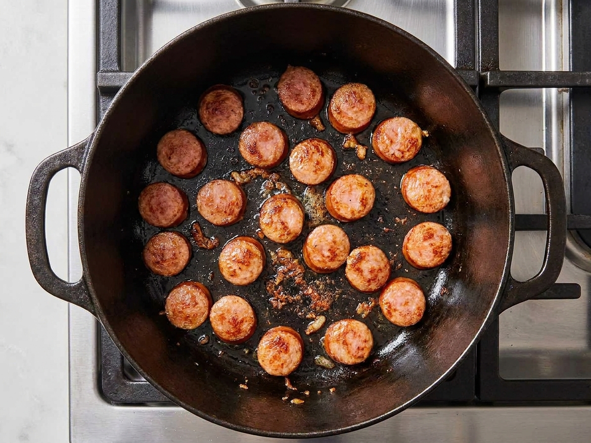 Sliced smoked sausage browning in a dark Dutch oven on a stovetop with golden edges forming