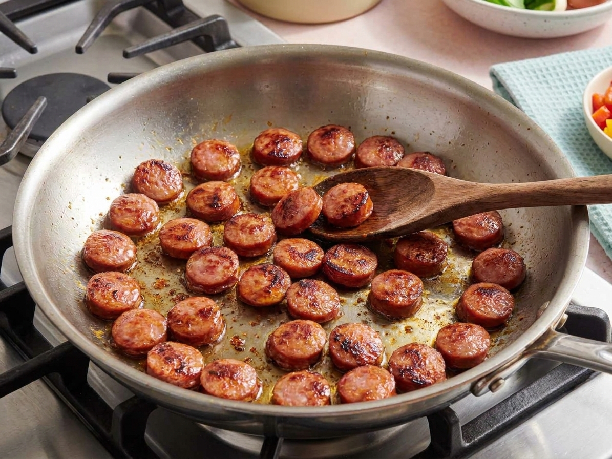 Sliced smoked sausage browning in a large skillet on a stovetop, with caramelized edges and rendered fat in the pan