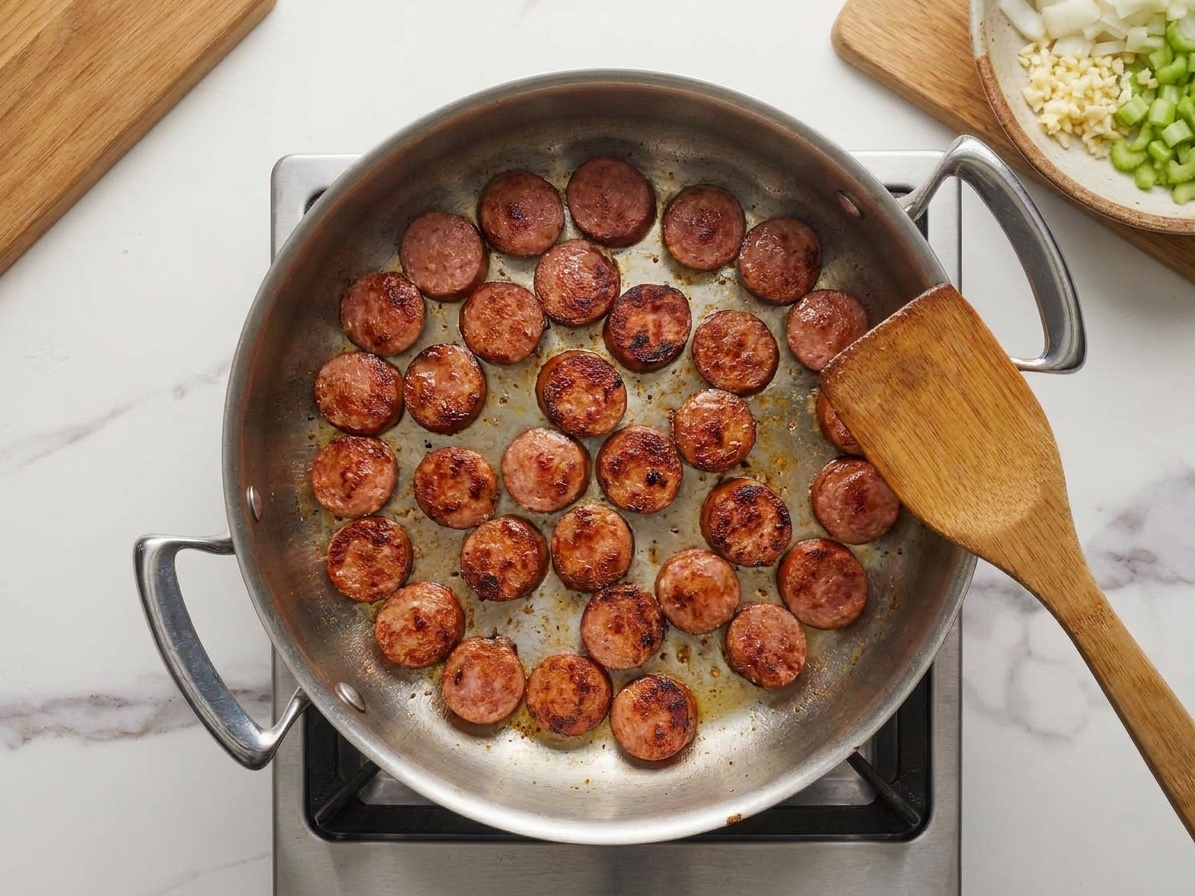 Sliced smoked sausage browning in a large skillet with caramelized edges on a stovetop