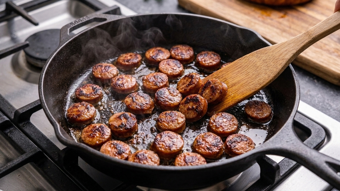 Sliced smoked sausage browning in a large skillet with crisp edges forming on a stovetop