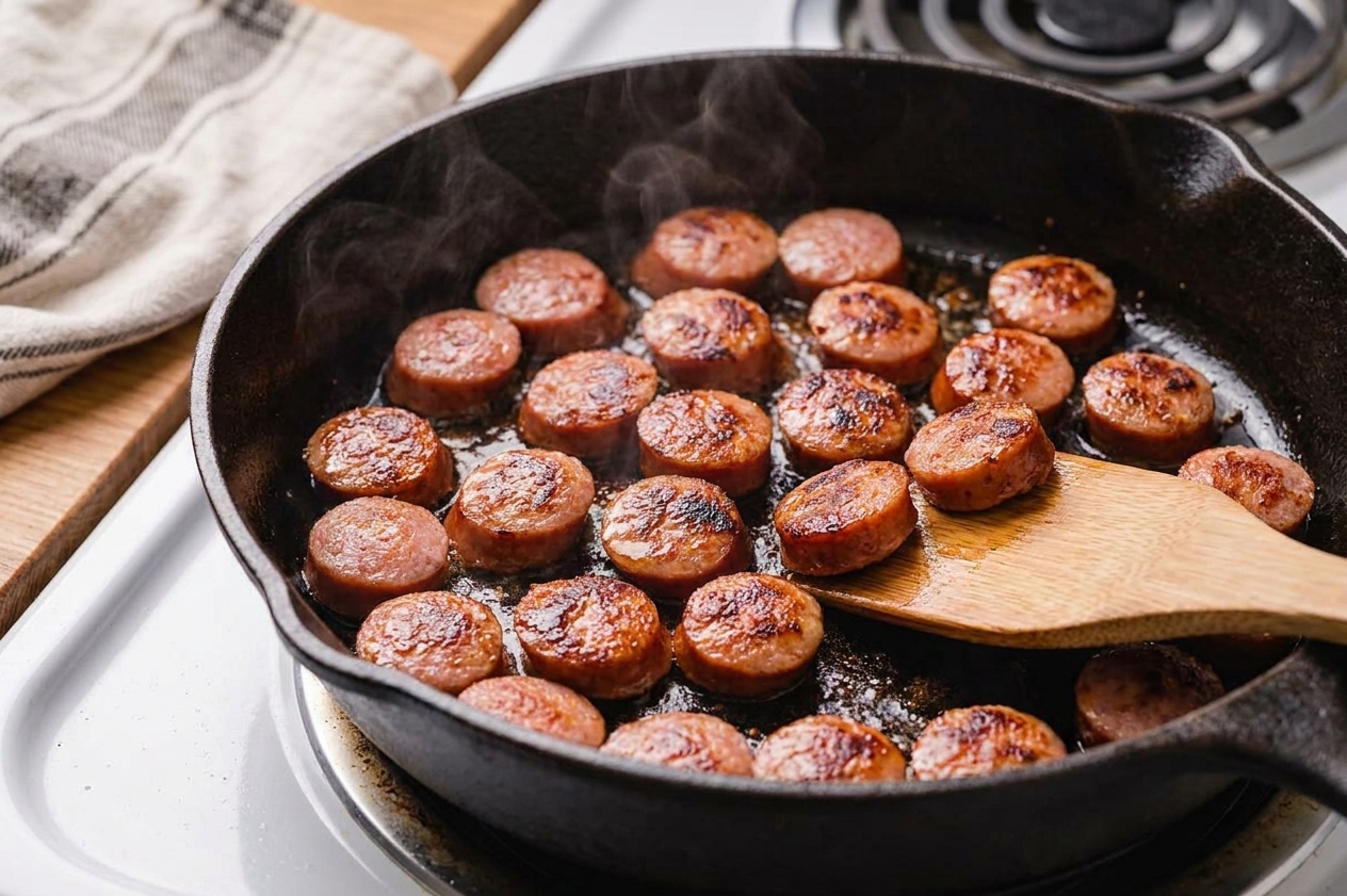 Sliced smoked sausage browning in a skillet on a stove with lightly crisped edges