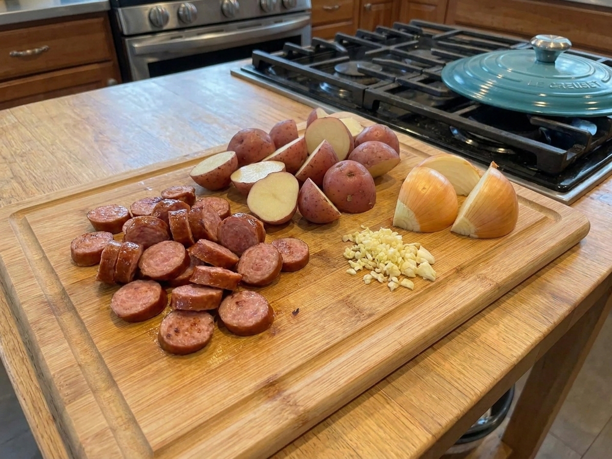 Sliced smoked sausage coins and halved red potatoes on a wooden cutting board beside minced garlic and onion wedges