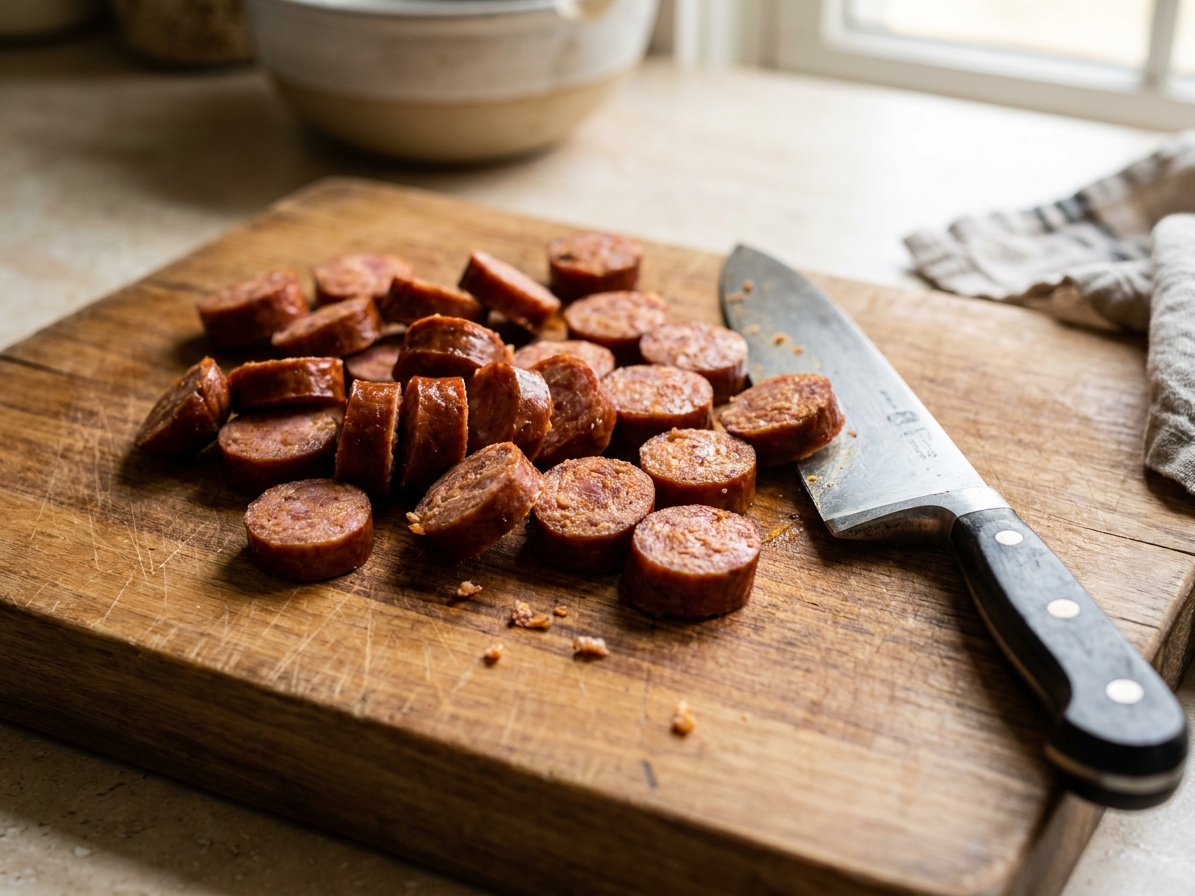 Sliced smoked sausage coins on a wooden cutting board next to a chef’s knife, shot in soft natural kitchen light