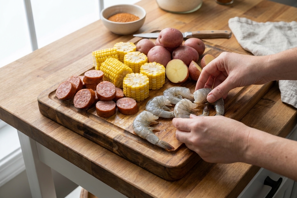 Sliced smoked sausage, corn rounds, red potatoes, and raw shrimp arranged on a cutting board before cooking