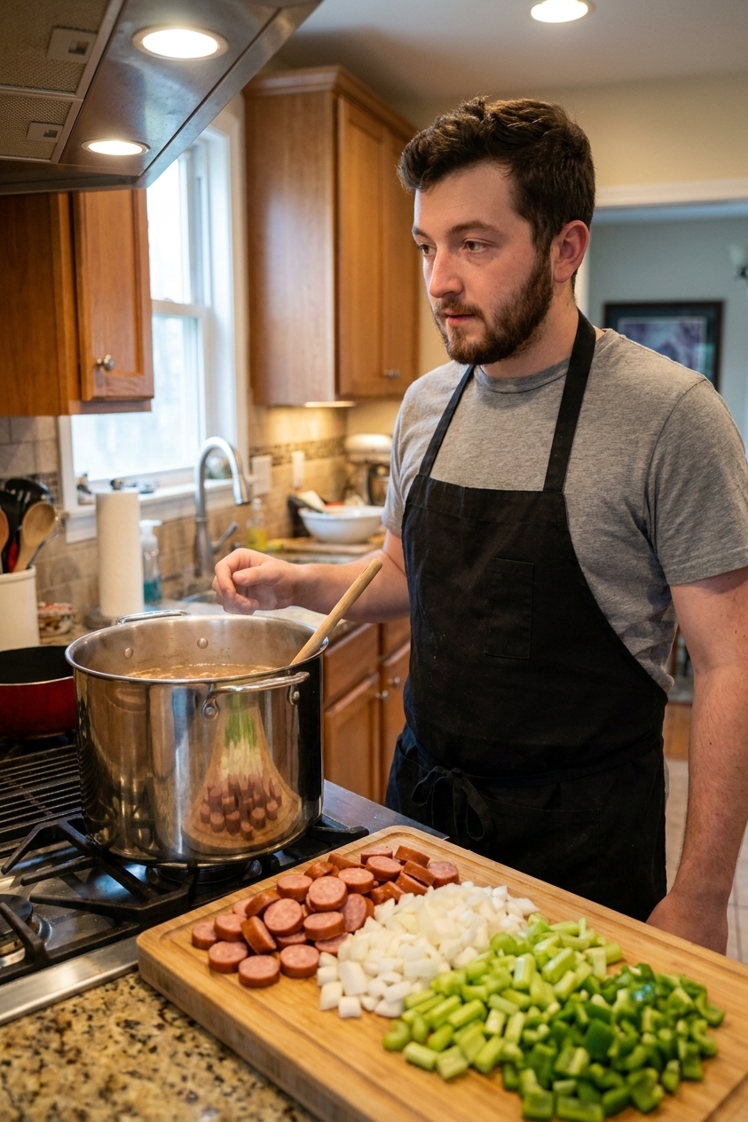 Sliced smoked sausage, diced onion, celery, and green bell pepper on a cutting board next to a pot on the stove, real kitchen scene