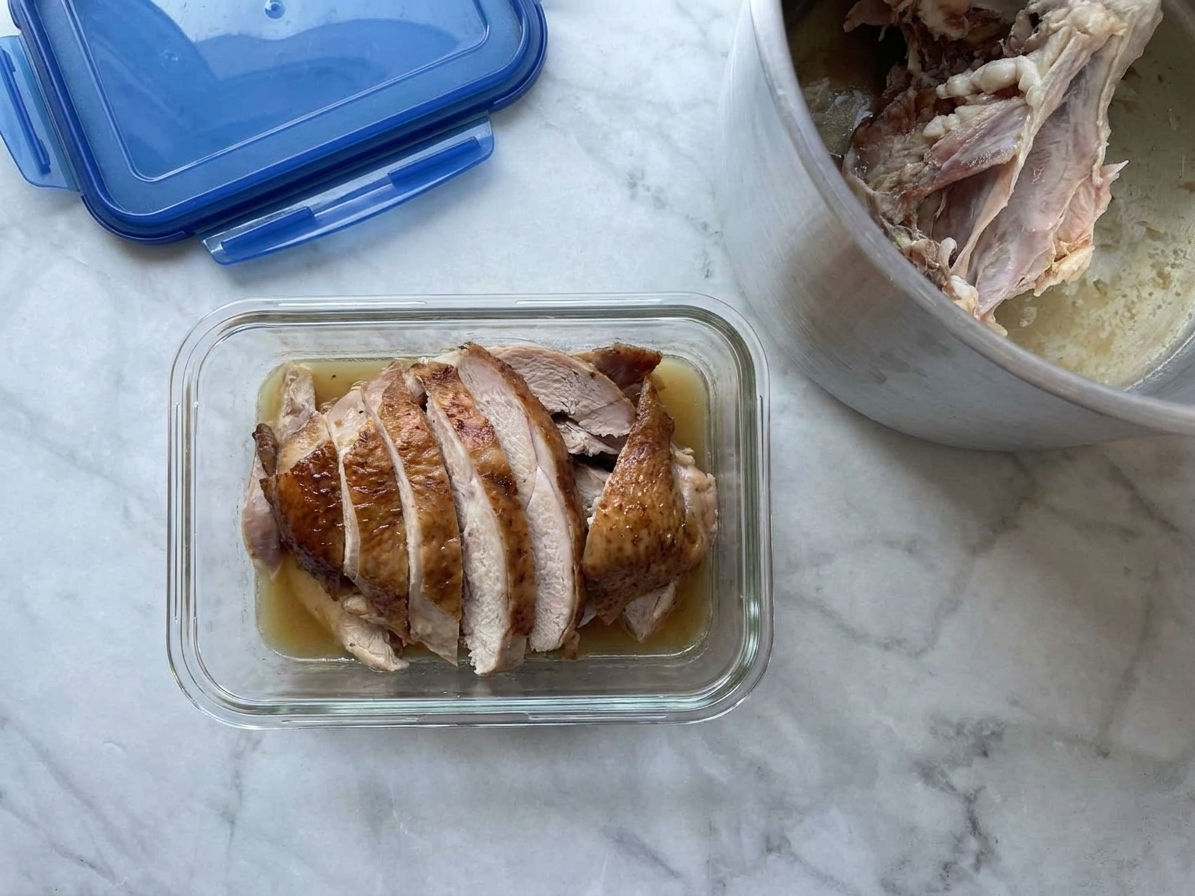 Sliced smoked turkey stored in a glass meal prep container with a little broth at the bottom on a kitchen counter