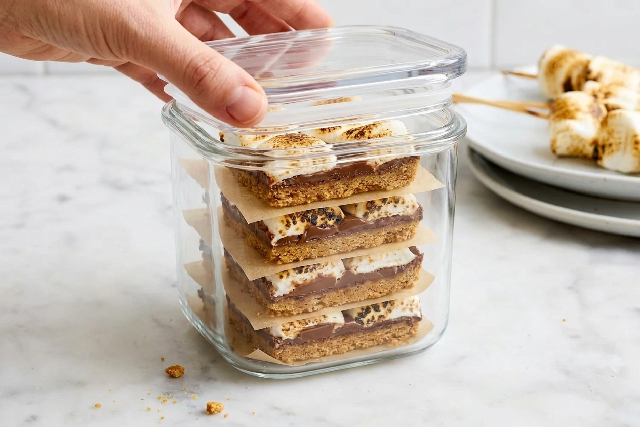 Sliced s’mores bars stacked in an airtight container with parchment paper between layers on a kitchen counter