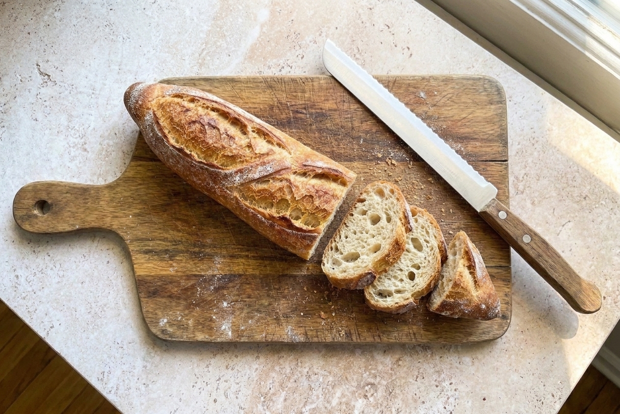 Sliced sourdough baguette on a cutting board with a serrated bread knife beside it
