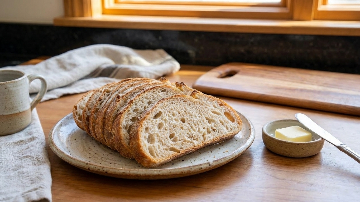 Sliced sourdough bread fanned on a plate with a small dish of butter on a simple kitchen table setting