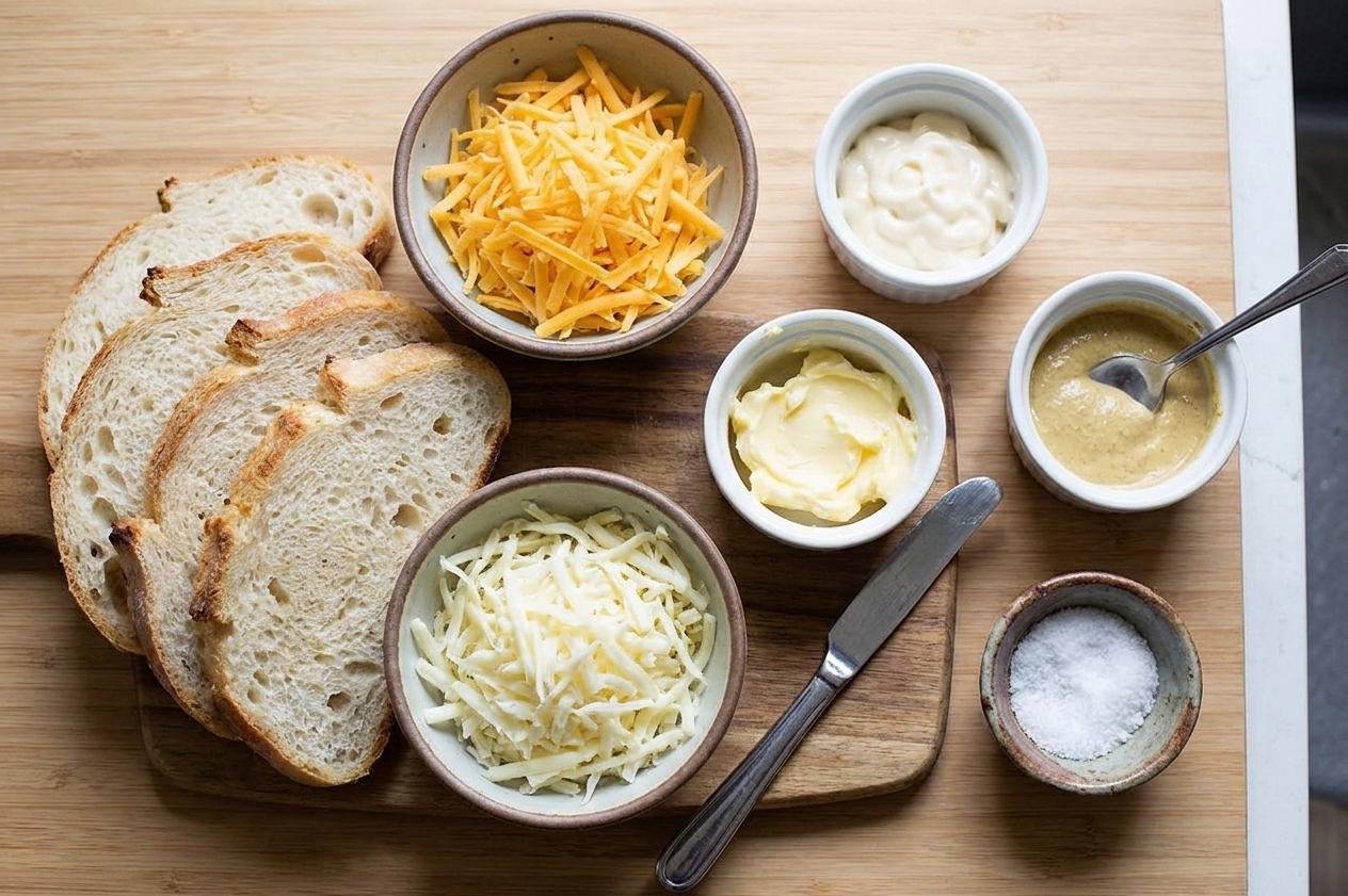 Sliced sourdough bread, shredded cheddar, shredded mozzarella, softened butter, mayonnaise, Dijon mustard, and a small bowl of kosher salt arranged on a kitchen counter