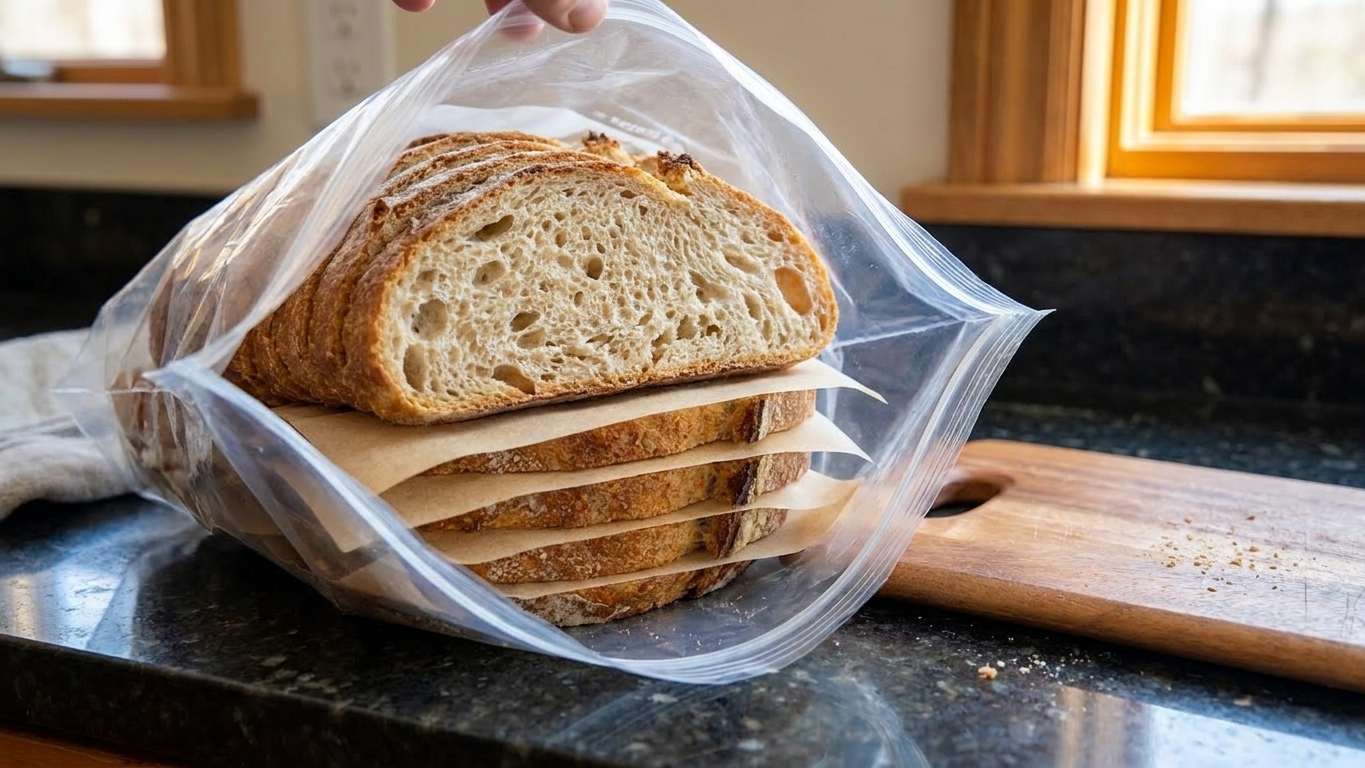 Sliced sourdough bread stacked in a freezer bag on a kitchen counter with parchment between slices